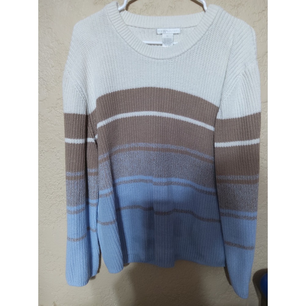 Design History Womens XL Shaker Knit Striped Crewneck Sweater Cream Tan Blue
